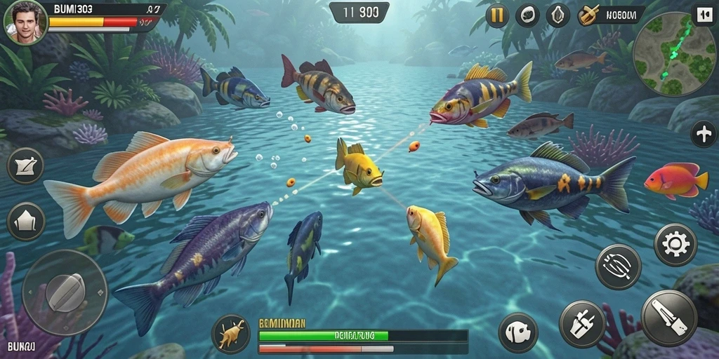 Screenshot gameplay BUMI303 menampilkan aksi tembak ikan yang seru.