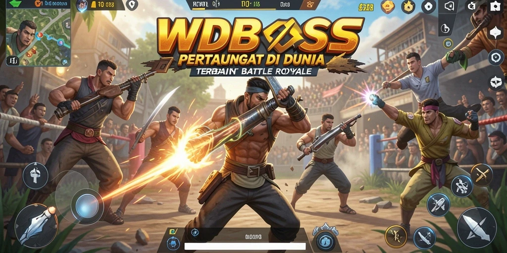 Screenshot utama WDBOS menampilkan pertempuran Battle Royale yang seru.